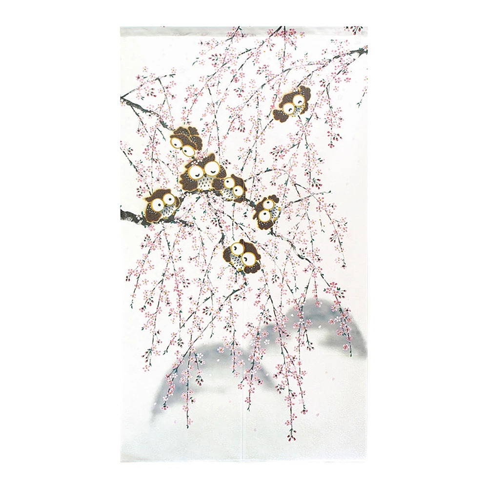 Japanese Style Weeping Cherry Blossom & Seven Owls Noren Curtain