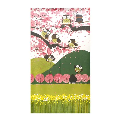 Japanese Style Owls & Spring Landscape Noren Curtain