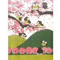 Japanese Style Owls & Spring Landscape Noren Curtain