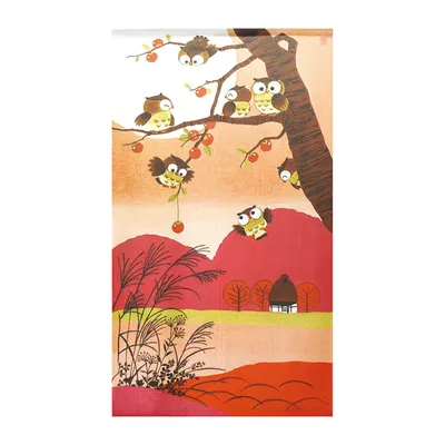 Japanese Style Owls, Autumn Landscape Noren Curtain