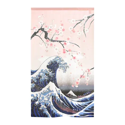 Japanese Style Katsushika Hokusai, White Waves Cherry Blossom Noren Curtain