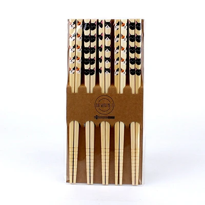 5-pair Cats Bamboo Chopsticks - Case of 10