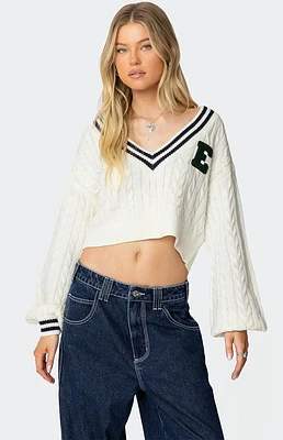 Edikted Collegiate Cropped Cable Knit Sweater