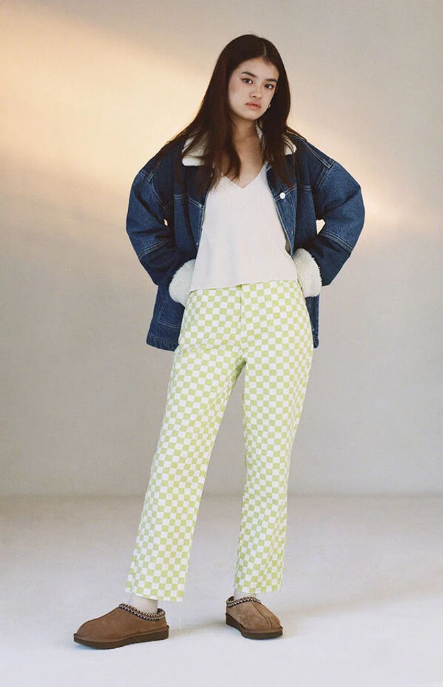 Eco Lime Checkerboard High Waisted Straight Leg Jeans