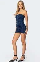 Edikted Ruched Strapless Denim Mini Dress