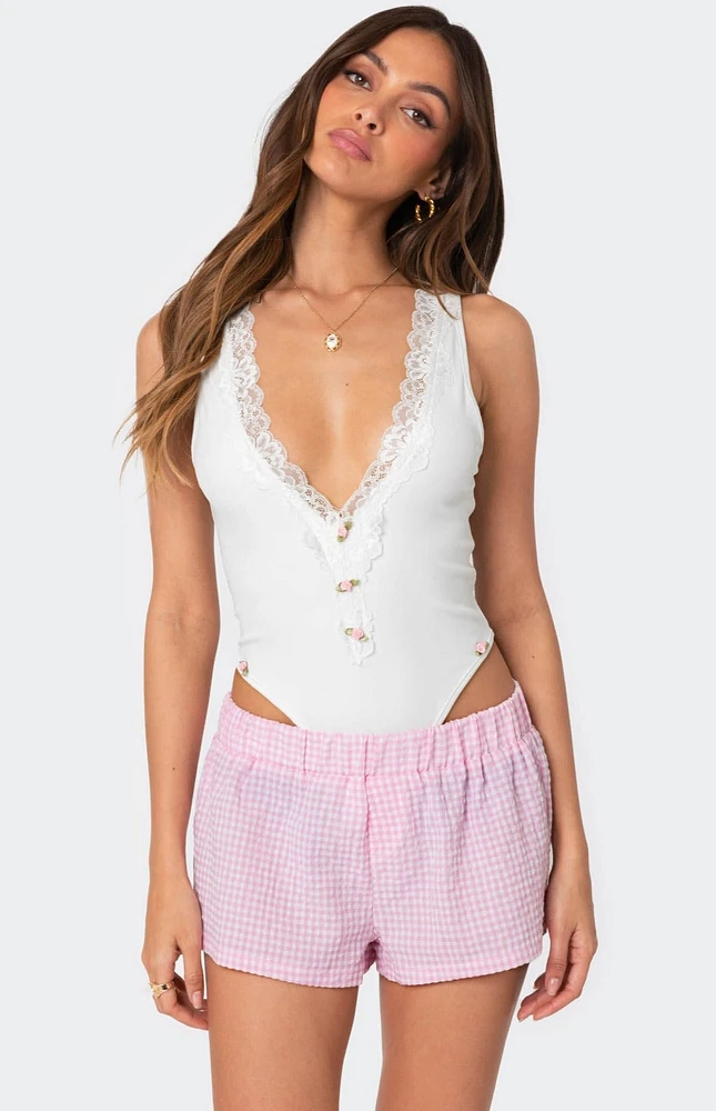 Edikted Bloom Lace Trim Ribbed Bow Bodysuit