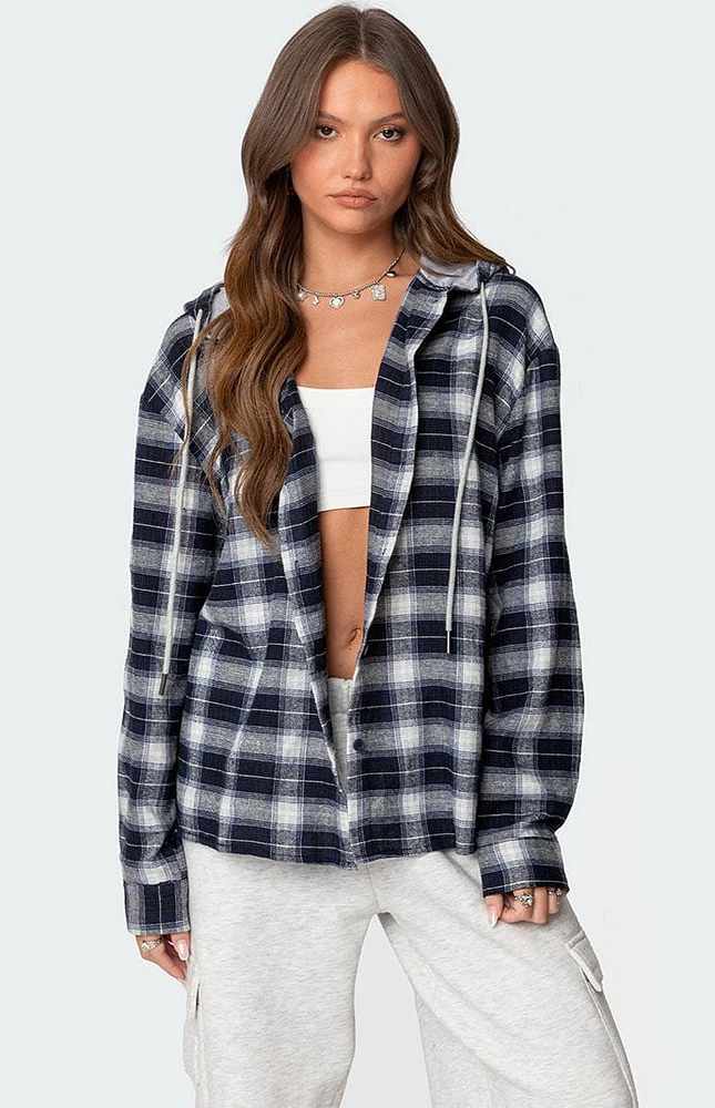 Edikted Plaid Hooded Button Up Shirt