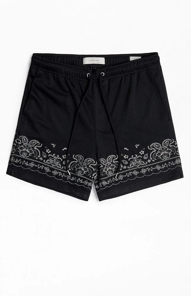 Pacsun Black Aaron Paisley Embroidered Mesh Volley Shorts