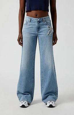 Pacsun Casey Rhinestone Bow Low Rise Baggy Jeans Light Indigo