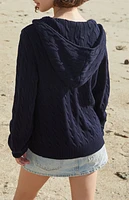 John Galt Navy Cable Knit Zip Up Hooded Sweater