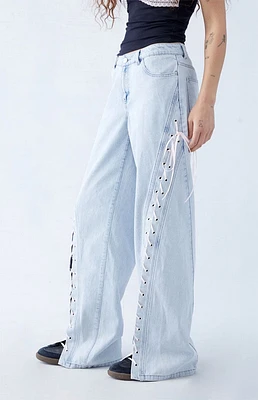 Light Indigo Ribbon Lace Up Low Rise Baggy Jeans