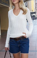 John Galt White V-Neck Cable Knit Sweater