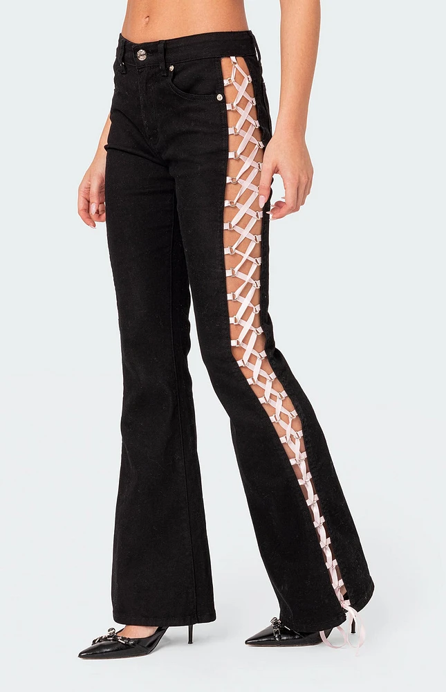 Satin Lace Up Flare Jeans