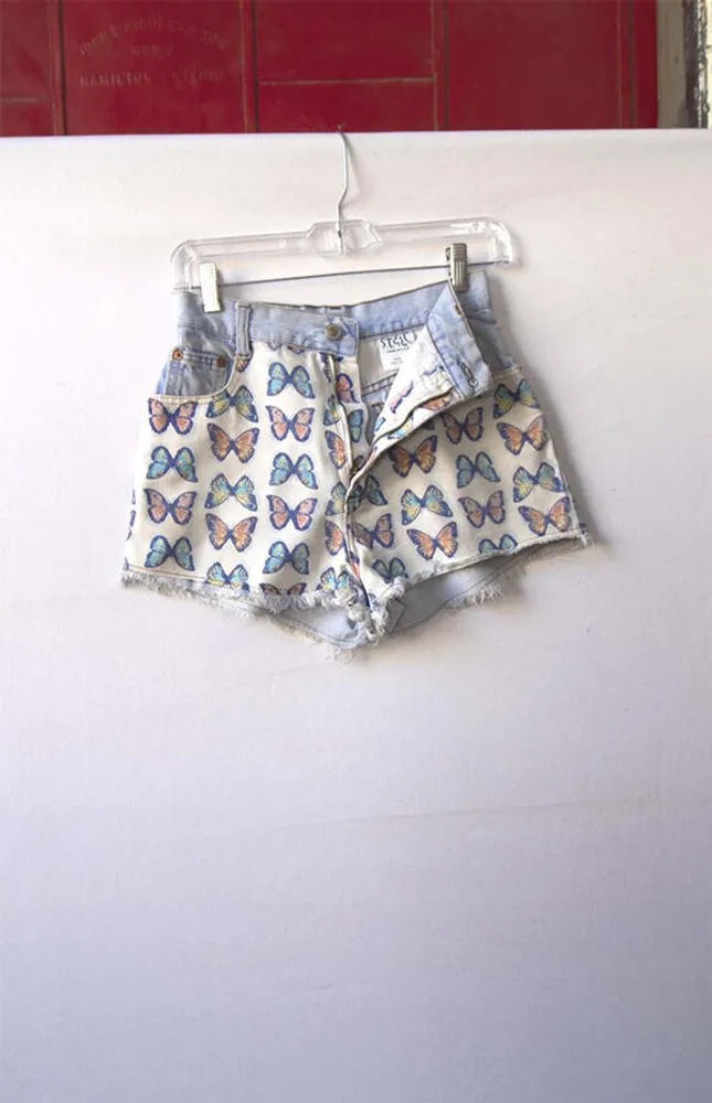 Upcycled Butterfly Light Blue Wash Denim Shorts