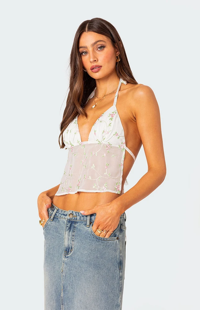 Embroidered Open Back Halter Top