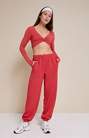 PAC 1980 Active Red Twist Front Knotted Long Sleeve Top