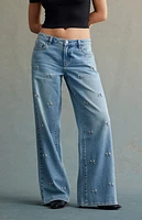 RARE DNM EDIT Light Indigo Rhinestone Bow Low Rise Baggy Jeans
