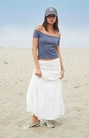 John Galt Dark Blue Bonnie Off-The-Shoulder Crop Top