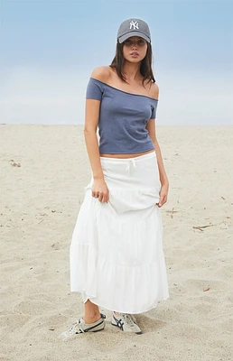 John Galt Dark Blue Bonnie Off-The-Shoulder Crop Top