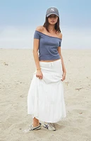 John Galt Dark Blue Bonnie Off-The-Shoulder Crop Top