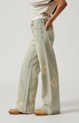 PacSun Casey Butterfly Graphic Low Rise Baggy Jeans Light Indigo