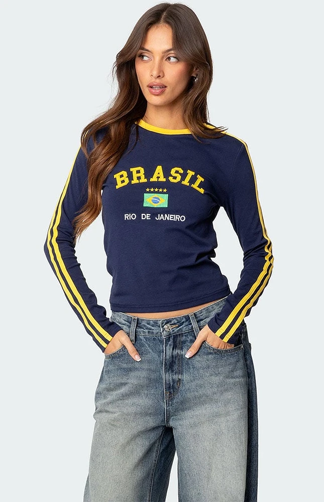 Edikted Brasil Embroidered Long Sleeve T-Shirt