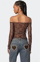 Edikted Leopard Sheer Mesh Off Shoulder Top