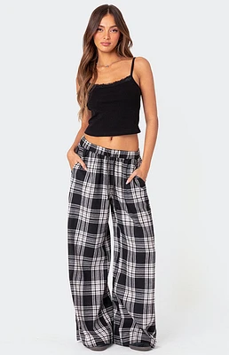 Edikted Lounge Around Plaid Wide Leg Pants