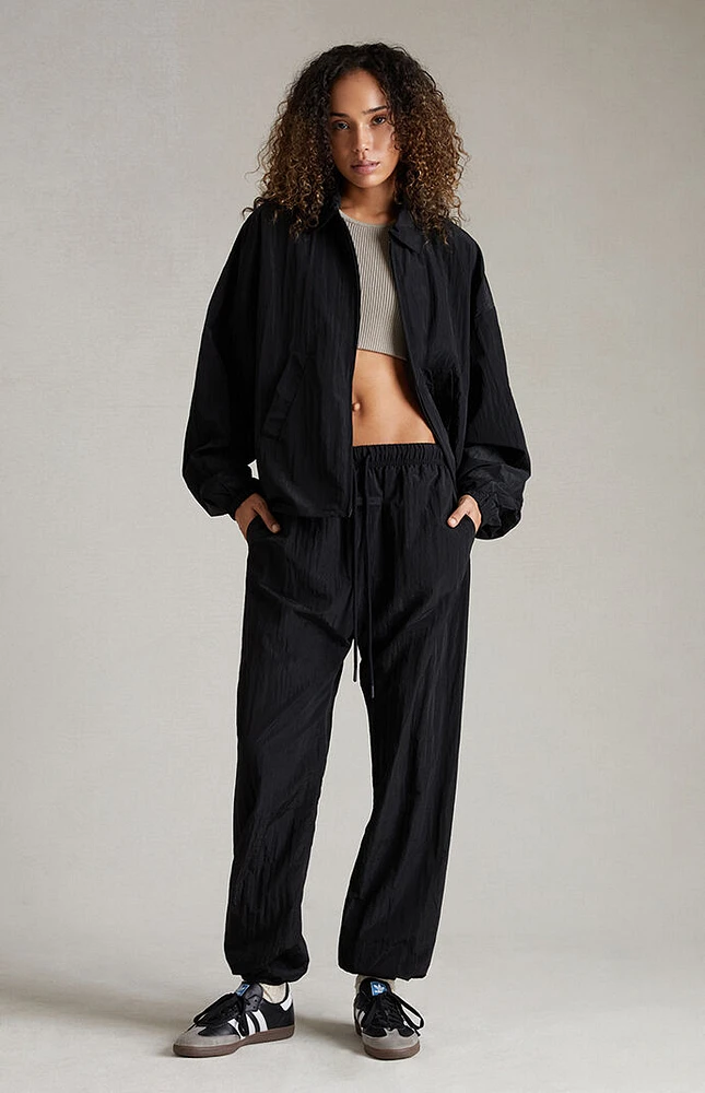 Fear of God Essentials Women's Jet Black Crinkle Nylon Shell Bomber Jacket