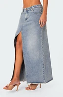 Front Slit Washed Denim Maxi Skirt