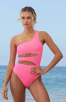 Salero Swim Hot Pink Crinkle Scrunch One Shoulder Piece Swimsuit