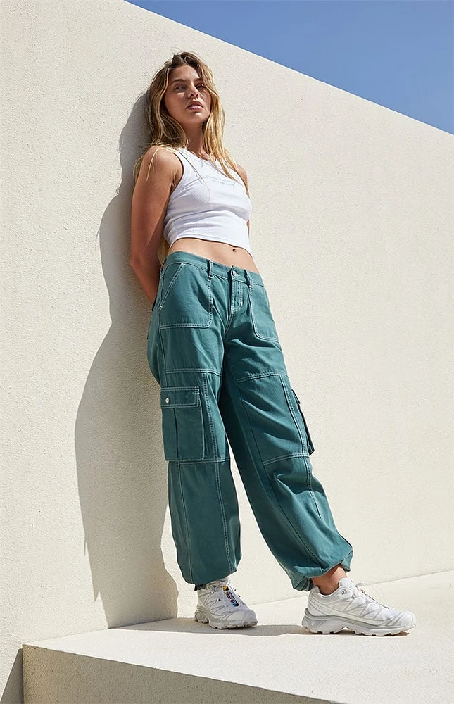 Green Low Rise Wide Leg Cargo Pants