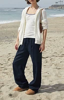 John Galt White Cable Knit Zip Up Hooded Sweater
