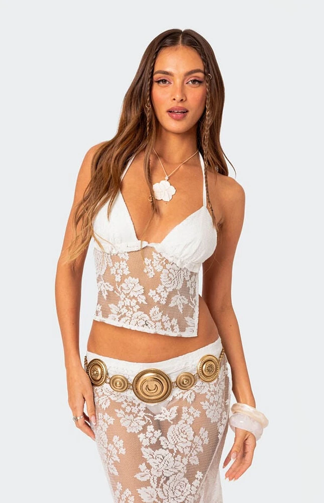Edikted Bess Open Back Sheer Lace Halter Top