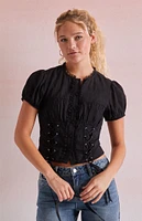 Beverly and Beck Gabbie Lace Up Short Sleeve Top