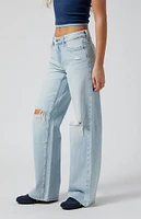 PacSun Casey Ripped Fray Low Rise Baggy Jeans Light Indigo