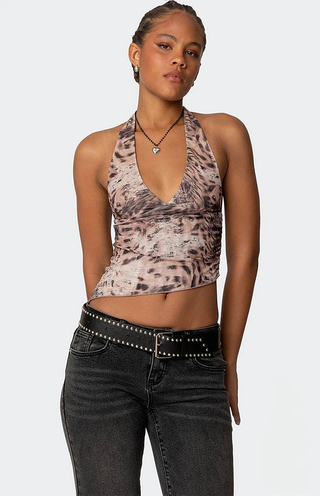 Edikted Leopard Mesh Asymmetric Halter Top