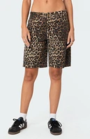 Edikted Leopard Low Rise Denim Bermuda Shorts