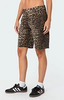 Edikted Leopard Low Rise Denim Bermuda Shorts