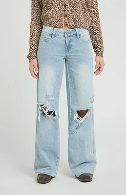 PacSun Casey Medium Indigo Ripped Knee Low Rise Baggy Jeans