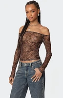 Edikted Leopard Sheer Mesh Off Shoulder Top