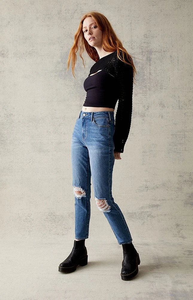 Eco Dark Blue Stretch Ripped Mom Jeans