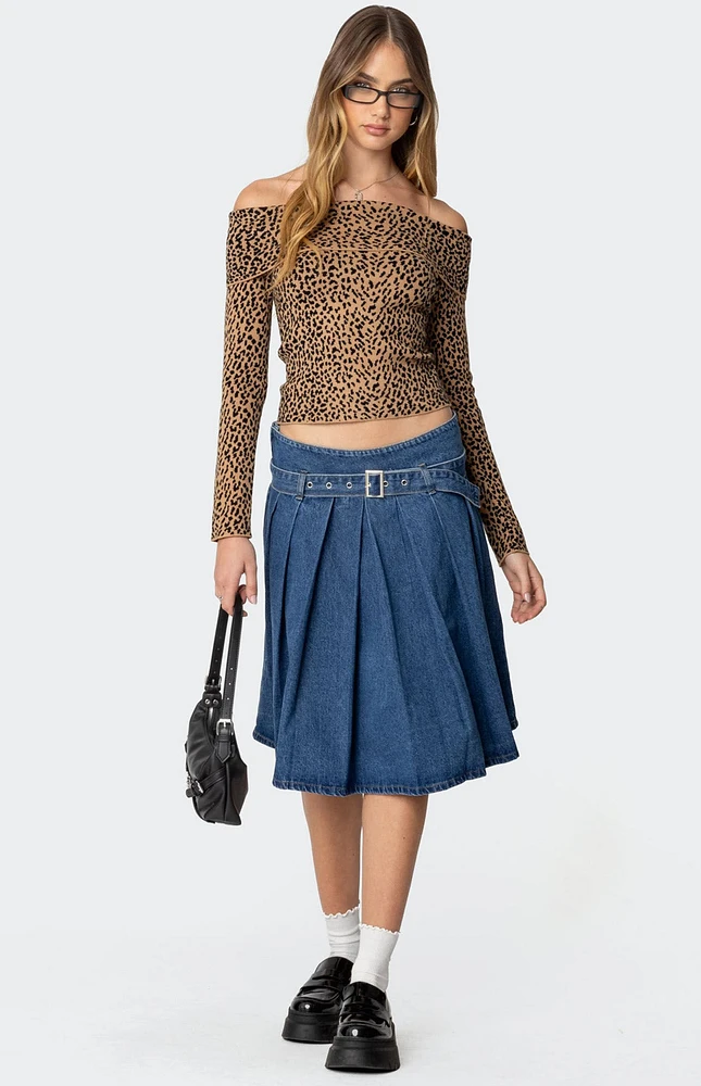 Edikted Belted Pleated Denim Midi Skirt