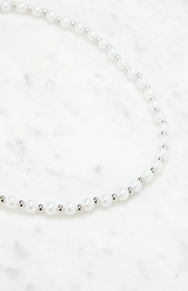 LA Hearts Pearl Silver Beaded Necklace