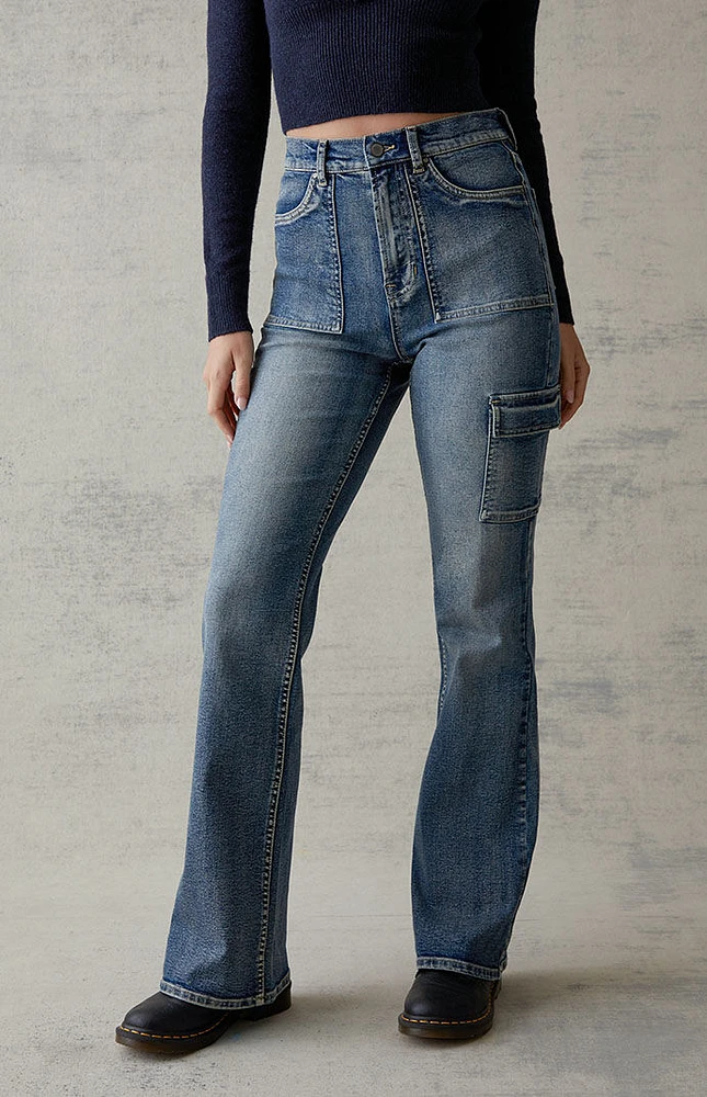 Dark Blue Cargo Stretch High Waisted Bootcut Jeans