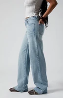 PacSun Casey Bow Embroidery Low Rise Baggy Jeans Light Indigo