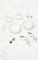 LA Hearts 6 Pack Pearl Cross Earrings