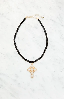 LA Hearts Rope Pearl Cross Necklace