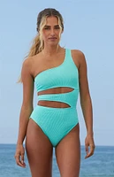 Salero Swim Aqua Crinkle Scrunch One Shoulder Piece Swimsuit