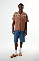 Pacsun Tan Western Embroidered Oversized Resort Camp Shirt